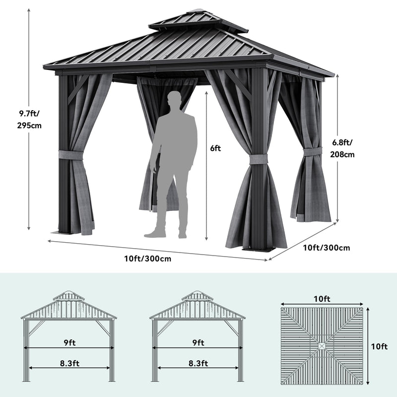 YITAHOME 10x10ft Hardtop Gazebo Heavy Duty Double Roof with Nettings and Curtains Galvanized Steel Outdoor Combined of Vertical Stripes Roof for Patio, Backyard, Deck, Lawns, Gray