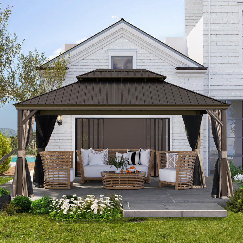 Domi 10x14 FT Outdoor Gazebo, Hardtop Gazebo with Galvanized Steel Double Roof, Metal Gazebos with Drainage System Patio Pergola for Patio Deck Backyard,Curtain and Netting, Brown