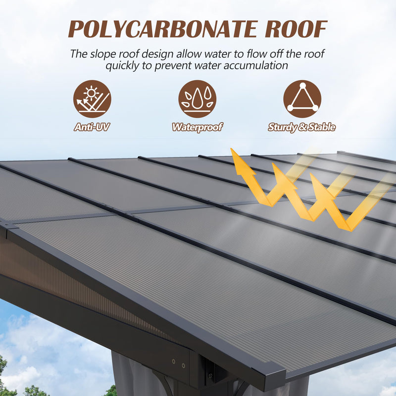 Raysfung 10 x13FT Outdoor Wall-Mounted Hardtop Gazebo, Aluminum Frame Lean to Gazebo with Polycarbonate Roof and Curtains for Patio, Garden, Deck