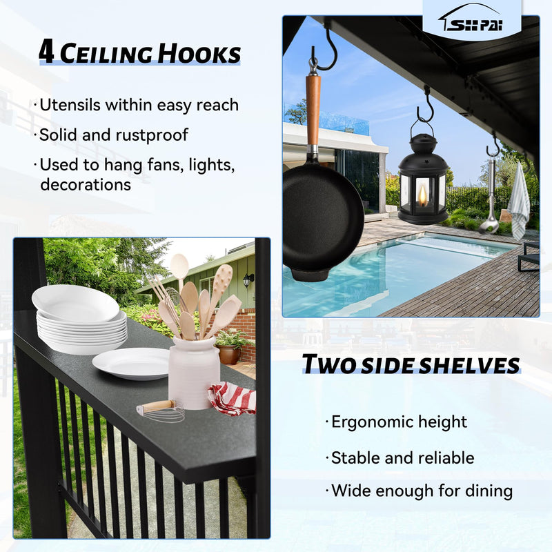 SHPAI 6.5x12FT Hardtop Grill Gazebo, All-Weather Outdoor BBQ Gazebo with 2 Side Shelves and 4 Ceiling Hook, Galvanized Steel Pitched Roof, Outdoor Grill Canopy for Patio, Backyard, Lawn, Deck – Grey