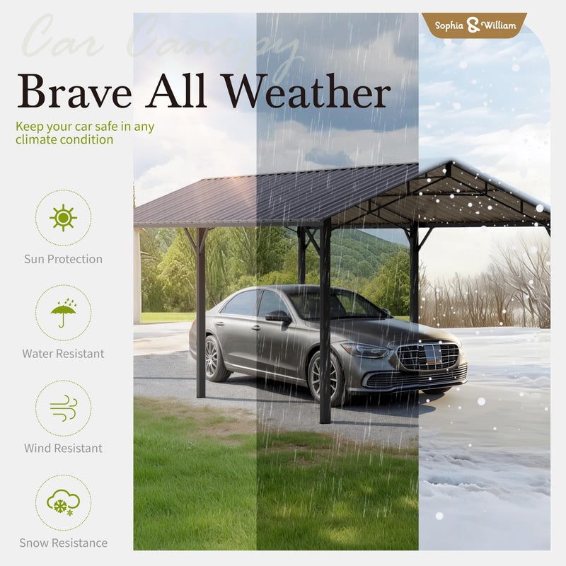 Sophia & William Carport Car Port Metal Canopy 10x20 ft Heavy Duty for Snow, Portable Garage Kit Shed Tent Shelter Metal Frame All Weather Outdoor for Boat with Anti-Leak Seam Taped, Dark Grey