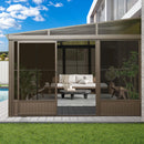 Domi Lean-to Sunroom 12x14FT, Wall Mounted Solarium with Galvanized Steel Sloping Roof, Moveable PVC Screen, Front Door&Side Sliding Door, Aluminum Gazebo Against Wall Sun Room for Patio Deck