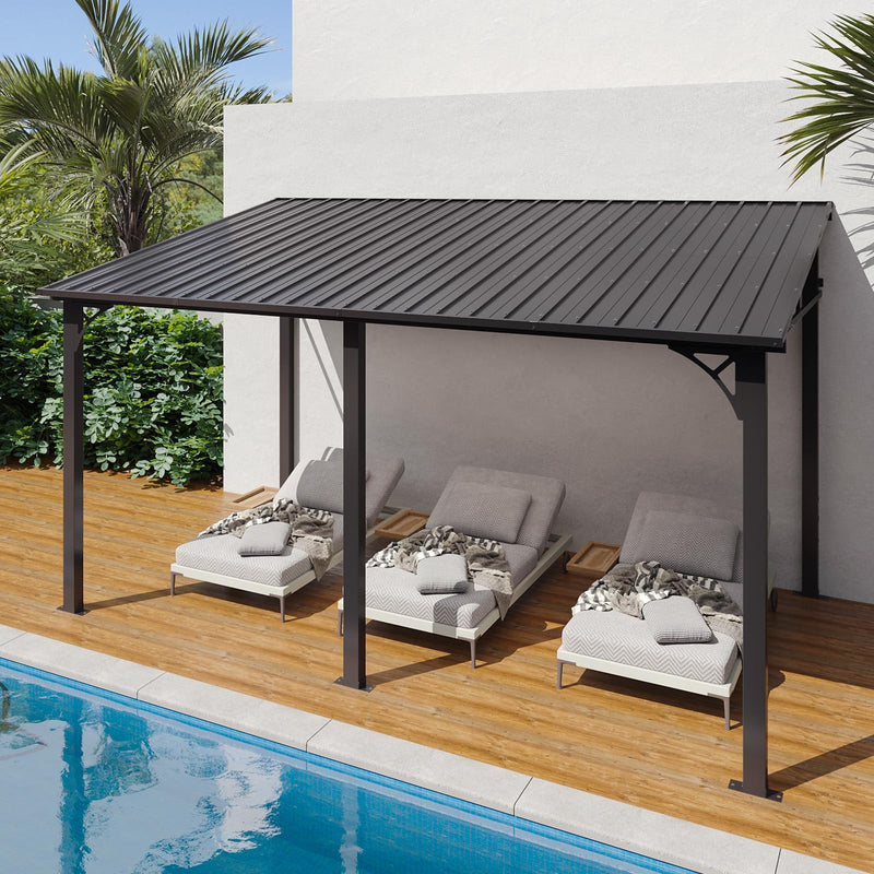 Aoxun 10' x 14' Lean to Gazebo, Upgraded Hardtop Outdoor Pergola with Sloping Galvanized Steel Roof, Large Wall-Mounted Heavy Duty Awnings for Patio, Backyard, Deck, Porch (Black)