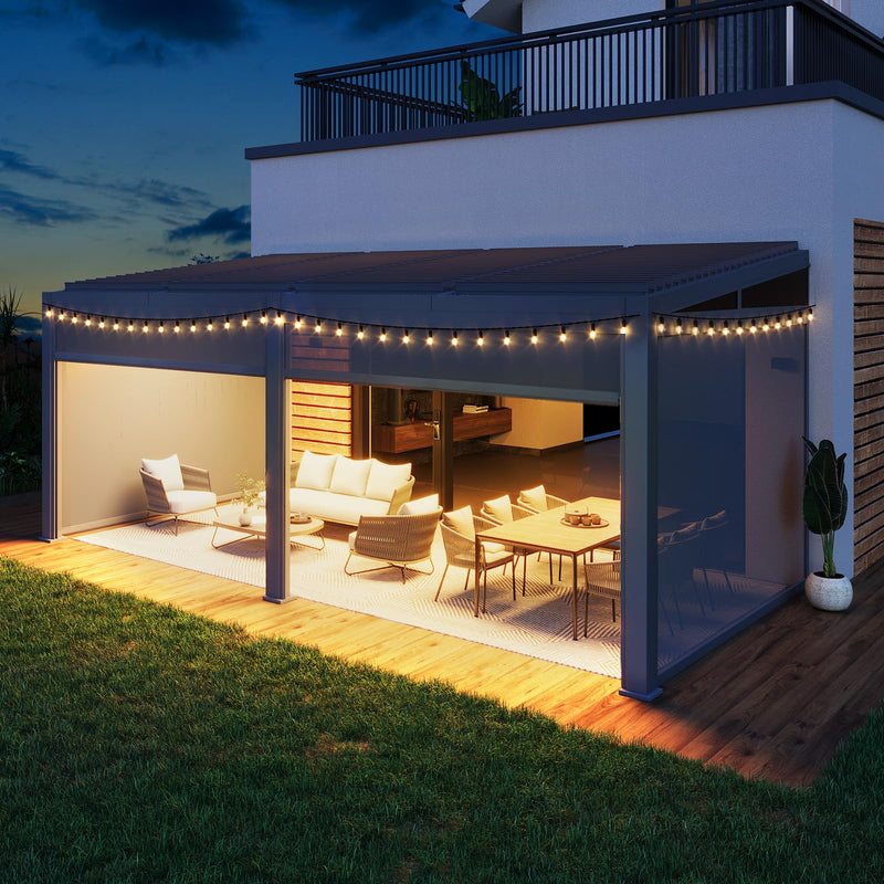 MELLCOM Louvered Pergola with Screen 10x20, Wall-Mounted Adjustable Pergola, Lean to Aluminum Gazebo with 4 Pull-Down Screen Sides and Adjustable Roof for Backyard, Dark Gray