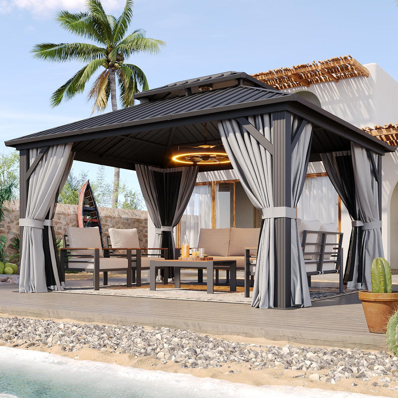 Aoxun Hardtop Gazebo 10x12, Aluminum Frame Canopy with Double Galvanized Steel Roof, Outdoor Gazebo with Breathable Netting and Privacy Curtain for Backyard