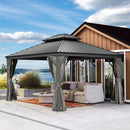 Domi 10x12FT Outdoor Gazebo, Hardtop Gazebo with Galvanized Steel Double Roof, Metal Gazebos with Drainage System Patio Pergola for Patio Deck Backyard,Curtain and Netting,Gray