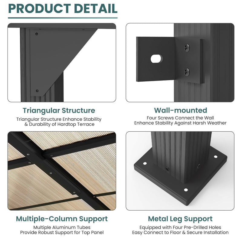 Pamapic 10 * 20FT Wall Mounted Gazebo,4*4 Inch Thickened Pillars & Enlarged Base,Outdoor Hardtop Lean to Pergola,UV Resistant Polycarbonate Roof,Aluminum Frame Pergola,Outdoor Patio Awnings for Lawn