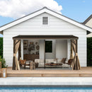 Domi 10x14FT Lean to Gazebo with Gutters, Outdoor Wall Mounted Pergola Hardtop with Galvanized Steel Sloping Roof, Patio Metal Canopy with Curtains and Nettings, Outside Awning for Backyard, Garden