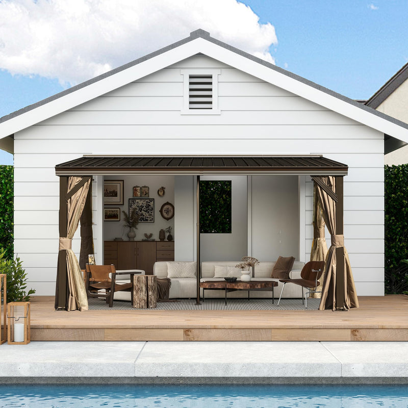 Domi 10x14FT Lean to Gazebo with Gutters, Outdoor Wall Mounted Pergola Hardtop with Galvanized Steel Sloping Roof, Patio Metal Canopy with Curtains and Nettings, Outside Awning for Backyard, Garden