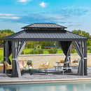 YITAHOME 12x16ft Hardtop Gazebo with Nettings and Curtains, Heavy Duty Double Roof Galvanized Steel Outdoor Combined of Vertical Stripes Roof for Patio, Backyard, Deck, Lawns, Gray