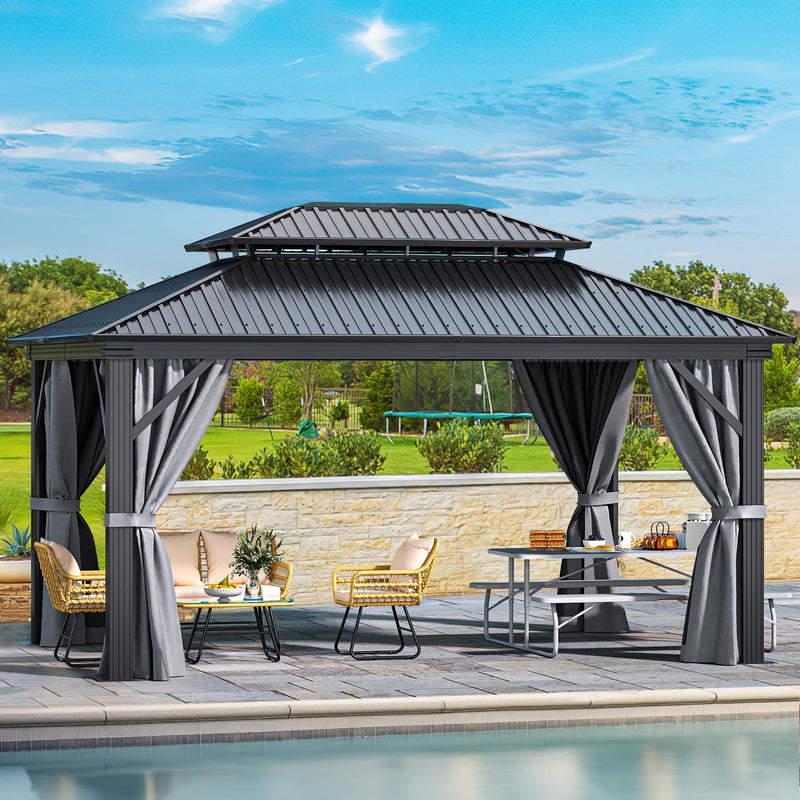 YITAHOME 12x16ft Hardtop Gazebo with Nettings and Curtains, Heavy Duty Double Roof Galvanized Steel Outdoor Combined of Vertical Stripes Roof for Patio, Backyard, Deck, Lawns, Gray