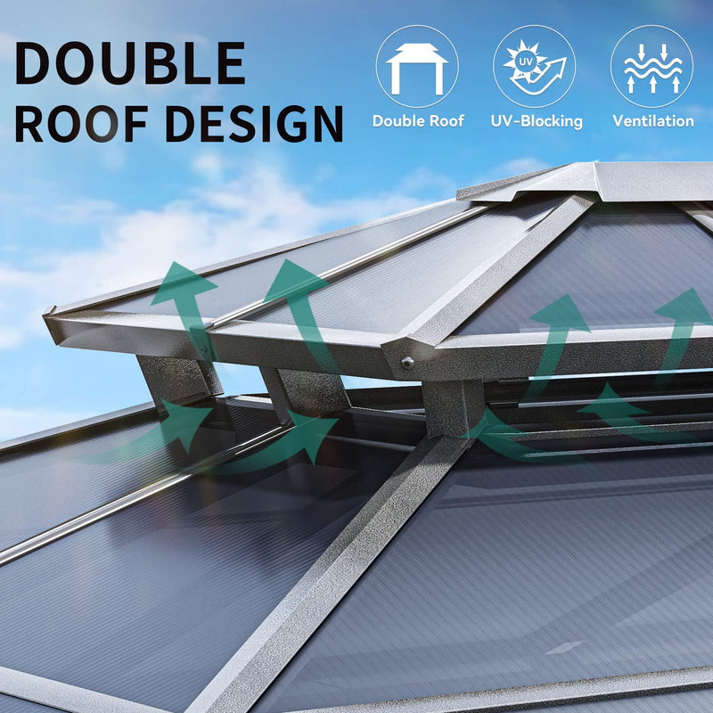 YITAHOME 12x16FT Polycarbonate Gazebo Double Roof Canopy Outdoor with Netting and Shaded Curtains, Aluminum Frame Polycarbonate Hardtop Garden Tent for Patio, Backyard, Deck and Lawns, Grey