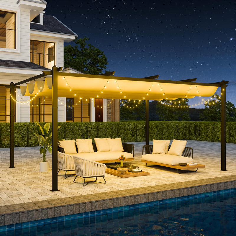 EBE 12'x16' Outdoor Pergola, Metal Patio Pergolas, Heavy Duty Retractable Awning Pergola Sun Shade Canopy for Decks, Gardens and Backyards, Beige