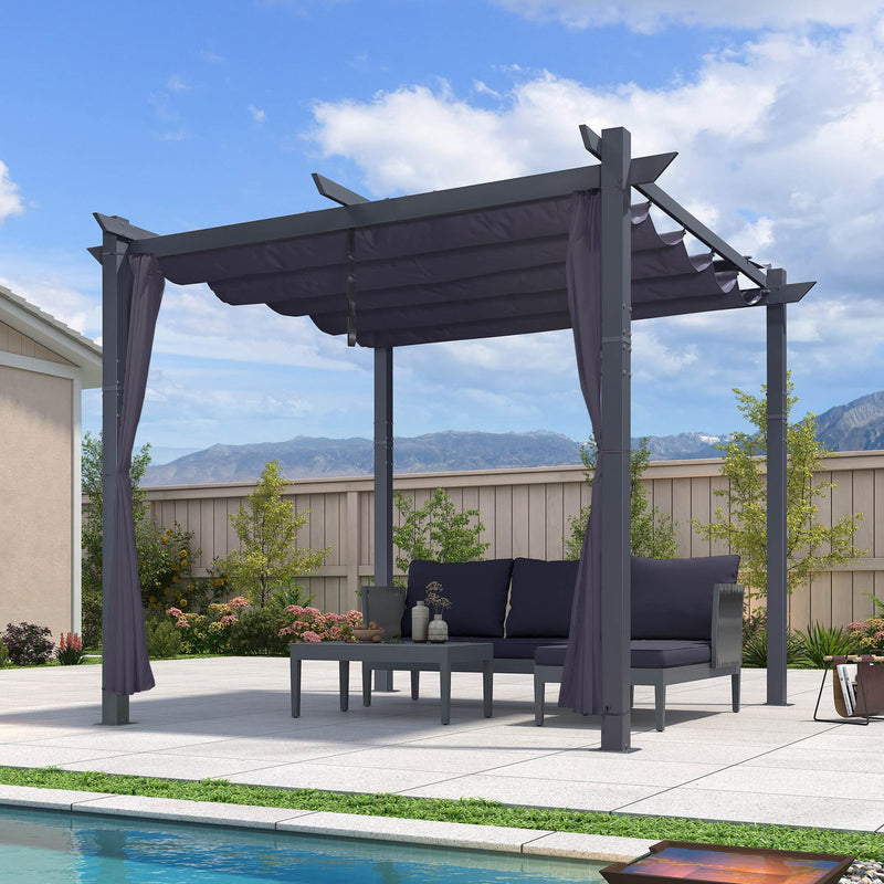 PURPLE LEAF 10' x 10' Pergola with Curtains Outdoor Retractable Pergola Patio Metal Shelter for Garden Porch Pavilion Dark Gray Frame Gazebo Modern Yard Grill Pergolas with Shade Canopy Navy Blue