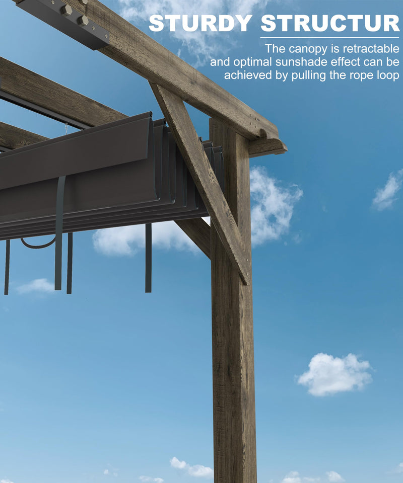 KYBOLT 10 X 12 Ft Wood Pergola with Retractable Sunshade Canopy, Solid Structure, Outdoor Pergola for Deck, Garden, Backyard - Charcoal Gray