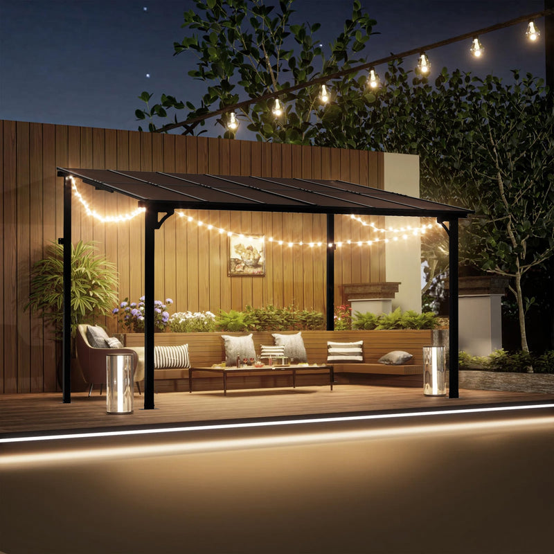 Oakcloud 10' x 12' Outdoor Wall Mounted Gazebo, Patio Lean to Gazebo Pergola with Sloped Roof, Large Heavy Duty Awning for Patio, Backyard, Deck