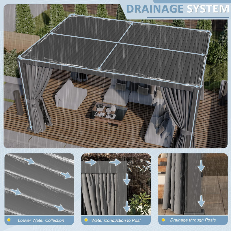 Aoxun Louvered Pergola 12' x 16' Outdoor Aluminum Pergola Adjustable Roof, with Waterproof Curtains and Nets, for Decks, Gardens, Gray