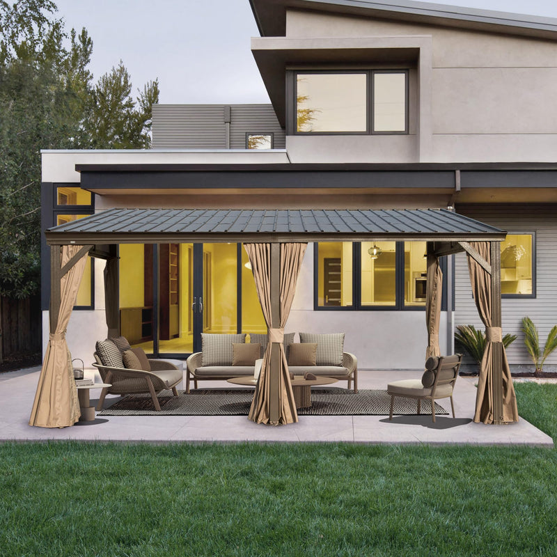 SHPAI 12’ x 16’ Lean to Gazebo, Outdoor Wall Mounted Gazebo Aluminum Frame, Hardtop Pergola with Galvanized Steel Sloping Roof for Patio Deck Garden Backyard, Curtain and Netting Included