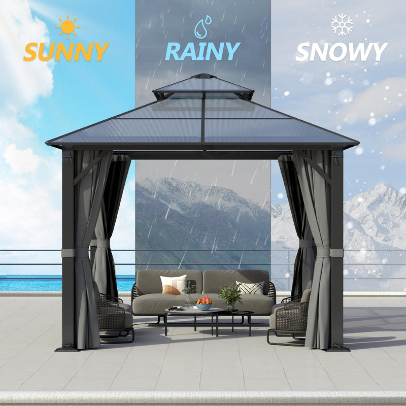 GARTOO 10x10FT Polycarbonate Hardtop Gazebo with Double Roof - Heavy-Duty Steel Frame Gazebo with Breathable Netting & Privacy Curtain for Patio, Porch, Garden, Lawn, Deck, Backyard