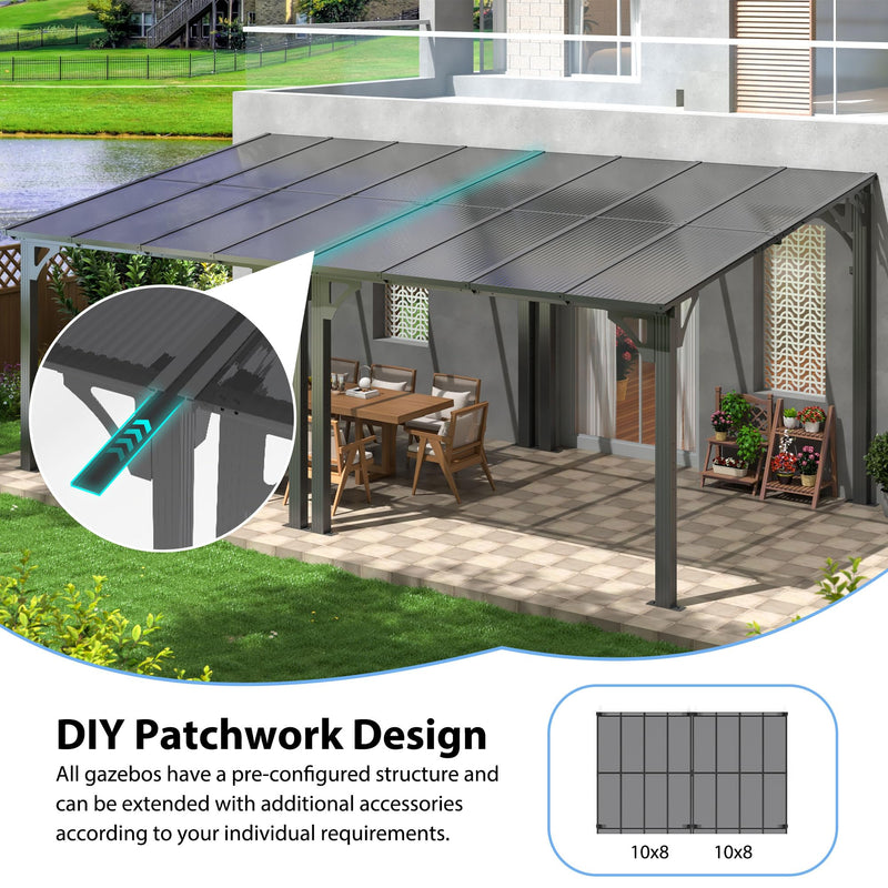 AirWire 10x16 FT Gazebo Pergola Awnings for Patio with Hardtop Gazebos on Clearance Patio Covers for Shade and Rain, Lean to Gazebo Sunroom Patio Canopy Outdoor Pergolas for Patios,Decks,Backyard