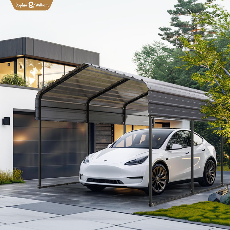 Sophia & William Carport Car Port Metal Canopy 10x15 ft Heavy Duty for Snow, Portable Garage Kit Shed Tent Shelter Metal Frame All Weather Outdoor for Boat with Anti-Leak Seam Taped, Dark Grey