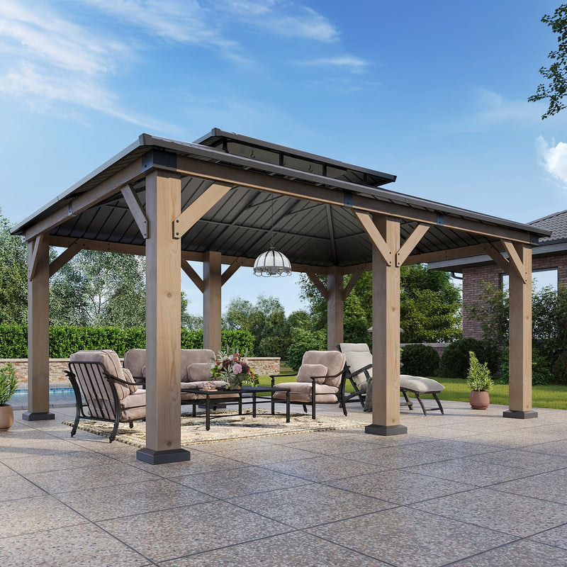 Aoxun 12' x 20' Outdoor Wood Gazebo, Hardtop Gazebo Permanent Wooden Pavilion with Galvanized Steel Double Roof, for Patio, Garden, Backyard, Cedar Wood