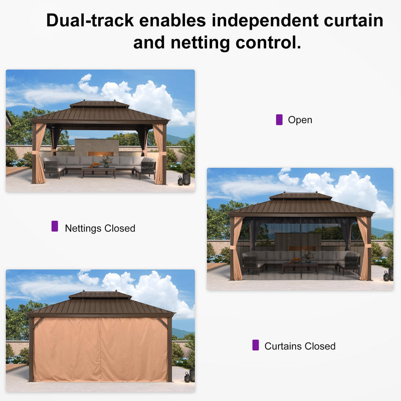 PURPLE LEAF 11' X 15' Outdoor Hardtop Gazebo Patio Wide Aluminum Frame Metal Double Roof with Heavy Duty Netting and Curtains for Permanent Hard Top Pavilion Screen, Khaki