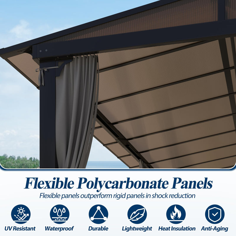 COVERONICS 12' X 20' Outdoor Polycarbonate Lean to Gazebo - Wall-Mounted Aluminum Frame Gazebo with Slope Hardtop, Patio Heavy-Duty Lean to Pergola with Netting & Curtains for Garden, Backyard, Deck