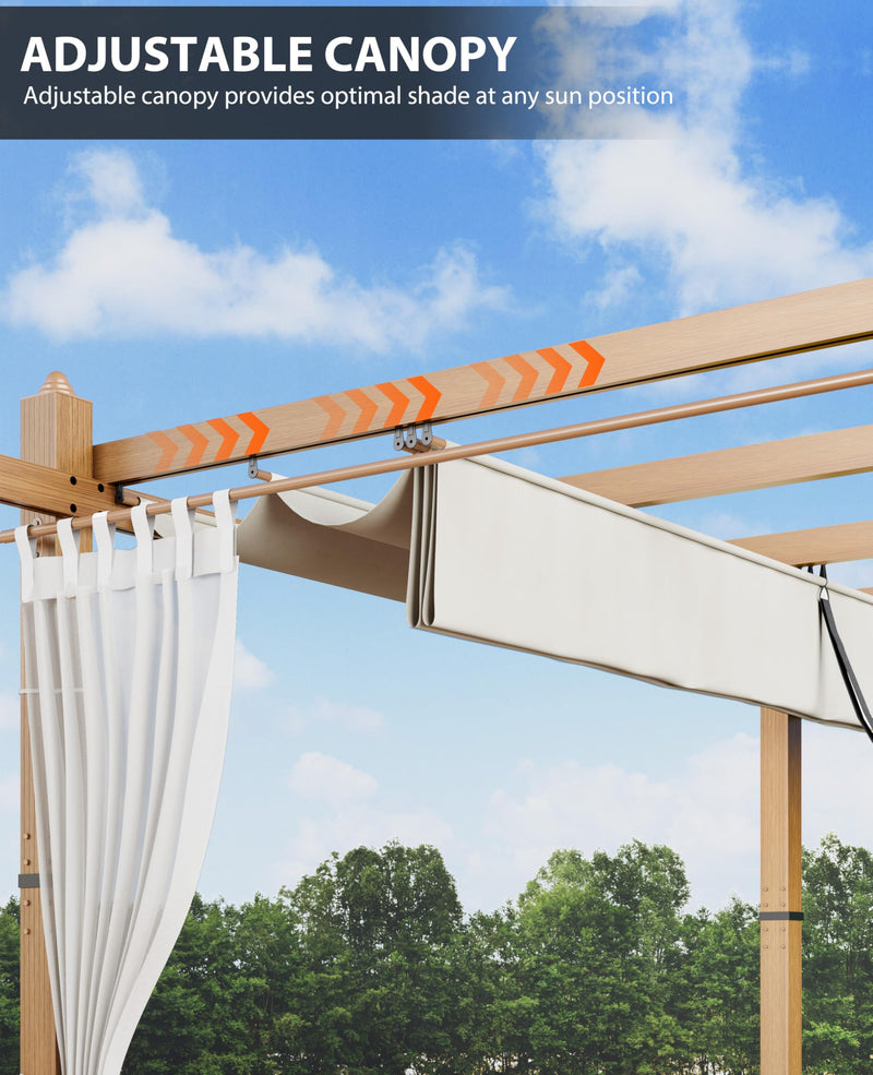 Garvee 10x10 Ft Outdoor Retractable Pergola with Canopy and Side Mesh Screen, Upgraded Wood-Grain Post Aluminum Pergola, Modern Pavilion for Backyard, Patio, Porch, Grape Trellis, Beige+White