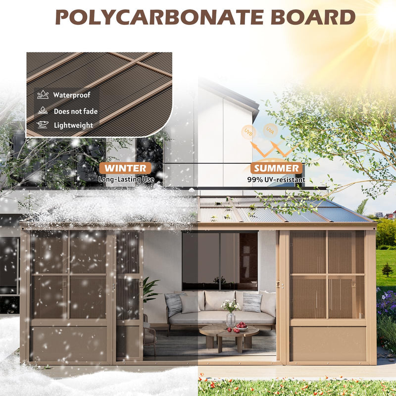 EROMMY 10' x 16' Sunroom, Wall Mounted Gazebo Solarium with Drainage Trough, Polycarbonate Roof, Lean to pergola for Garden, Permanent Sun Room with Lockable Sliding Doors, Brown