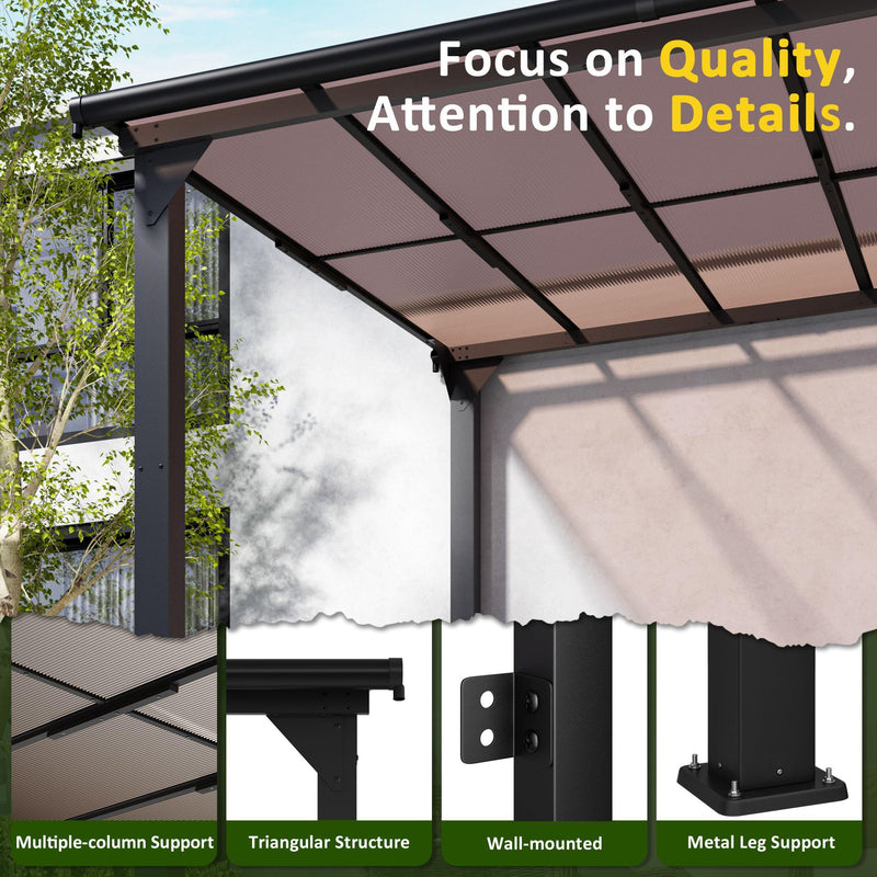 DAUSOLA 10x14 FT Gazebo Pergola for Patio, Gazebos Pergola on Clearance with Sloped Roof, Hard Top Lean to Gazebo, Large Wall-Mounted Heavy Duty Awnings for Patio, Backyard, Deck