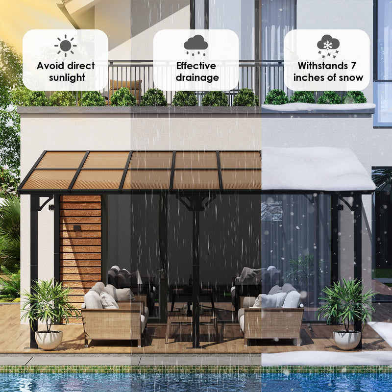 Arlopu 10'x 14' Gazebo Pergola, Outdoor Aluminum Lean to Hard Top with Sloped Roof, Large Wall-Mounted Heavy Duty Awnings for Patio, Garden, Decks, Backyard and More