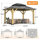 GARTOO 10' x 12' Outdoor Wooden Gazebo - Patio Hardtop Gazebo Permanent Wooden Pavilion with Galvanized Steel Double Roof, Cedar Wood Gazebos for Garden, Lawn, Poolside, Backyard Deck