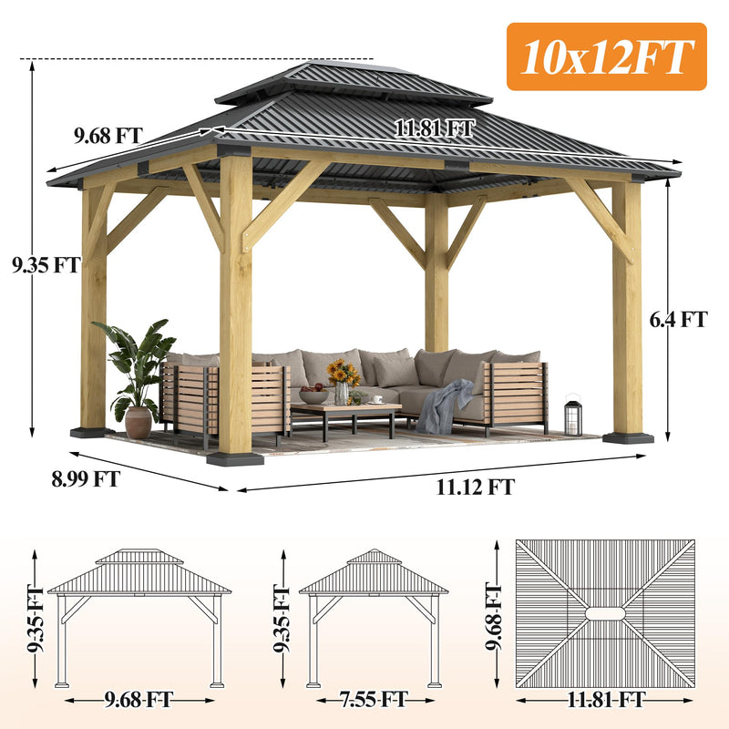 GARTOO 10’x 12’ Outdoor Wood Gazebo - Patio Hardtop Gazebo Permanent Wooden Pavilion with Galvanized Steel Double Roof, Cedar Wooden Gazebos for Garden, Lawn, Poolside, Backyard Deck