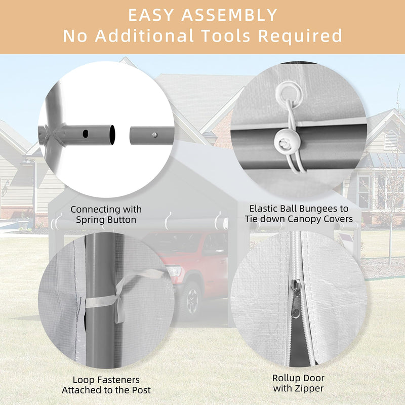 JY QAQA Carport, 12x20 FT Heavy Duty Carport with Removable Side Walls and Doors, Portable Garage with Roll-Up Window and Sandbags, Car Canopy with All-Season Tarp for Cars, Trucks, Boats, White