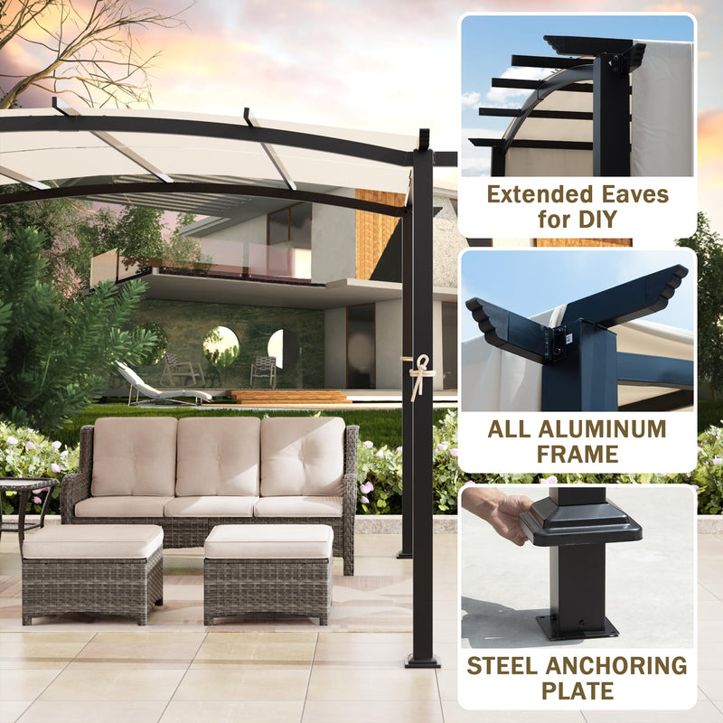 Meetleisure 10' x 10' Arched Top Outdoor Pergola, Pergola Canopy with with Adjustable and Retractable Canopy for Patio Use, Metal Pergola with Durable and Sturdy Frame & Water-Resistant Canopy, Beige