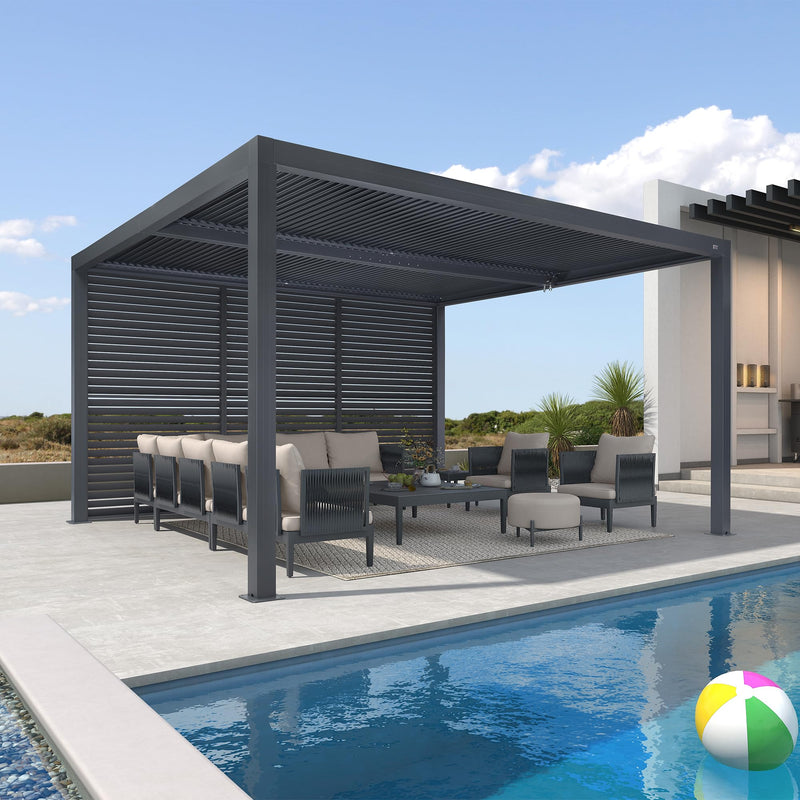 PURPLE LEAF Louvered Pergola 94AS 12' x 14' Outdoor Aluminum Pergola with Fixed Shutter Wall Adjustable Roof for Deck Backyard Grey Hardtop Gazebo, 1 Long Side