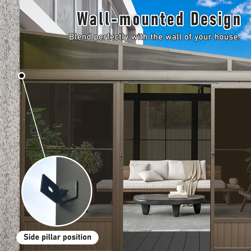 Domi Lean-to Sunroom 12x14FT, Wall Mounted Solarium with Galvanized Steel Sloping Roof, Moveable PVC Screen, Front Door&Side Sliding Door, Aluminum Gazebo Against Wall Sun Room for Patio Deck