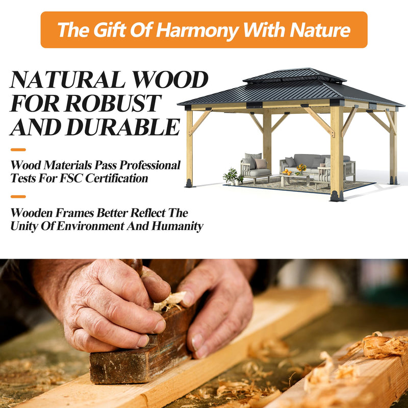 13’x15’ Outdoor Wooden Gazebo - Patio Galvanized Steel Gazebos with Double Vented Roof, Heavy-Duty Cedar Wood Gazebo for Garden, Lawn, Poolside, Backyard Deck