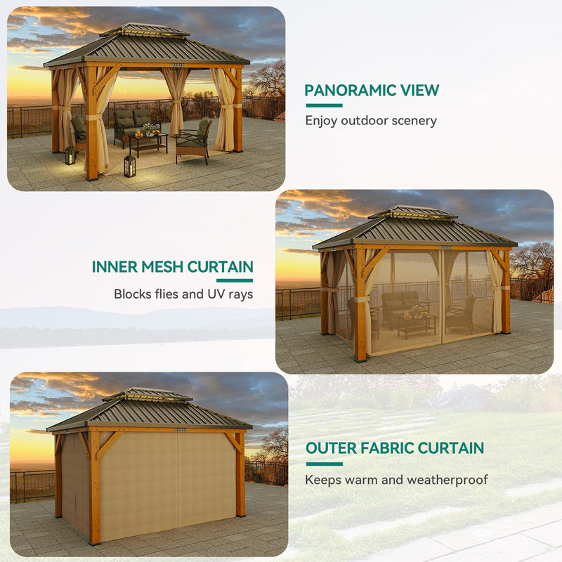 YITAHOME 13X15FT Wood Gazebo Outdoor Wooden Frame Double Roof Hardtop Galvanized Steel Top Canopy w/Curtain and Netting, Patio Heavy Duty Gazebo for Deck, Backyard, Beige Yellow