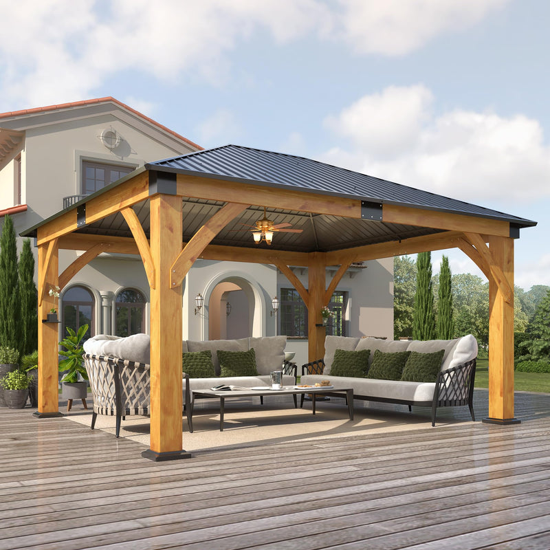 COVERONICS 13FT x 15FT Outdoor Spruce Wood Gazebo - Patio Wooden Frame Gazebo with Galvanized Steel Roof, Heavy-Duty Hardtop Gazebos for Garden, Poolside, Deck, Backyard