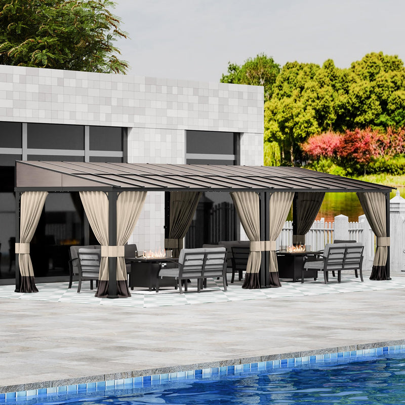 RTDTD 10' x 28' Gazebo，Hard Top Lean to Gazebo Wall Mount Heavy Hardtop Gazebos Outdoor Pergola with Curtains and Netting for Patio Garden Lawn Backyard Deck (Brown)