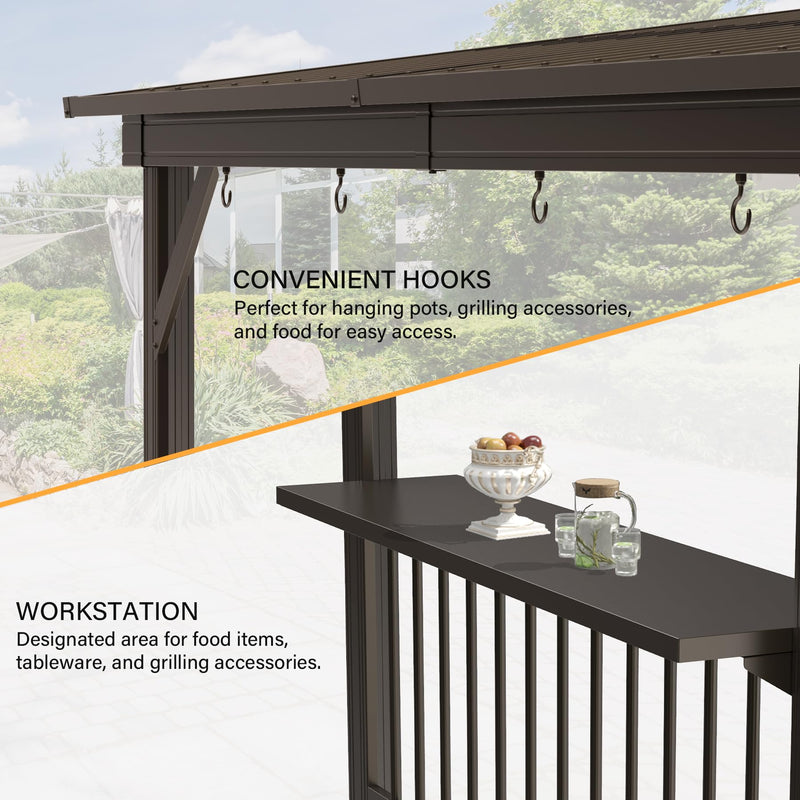 Domi 6.5x12FT Hardtop Grill Gazebo, Outdoor BBQ Gazebo with 2 Side Shelves, Sloping Steel Roof for Permanent Sun Shade with Ceiling Hooks for Patio Deck Yard Garden (Brown)