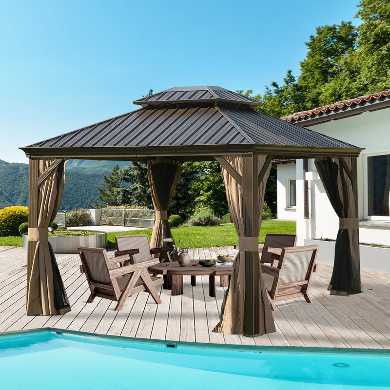 Domi 10' X 12' Hardtop Gazebo, Upgraded Metal Gazebo with Drainage System, Dual-Layer Galvanized Steel Roof, Curtain and Netting, Outdoor Shelter Canopy for Patio, Garden, and Backyard, Brown