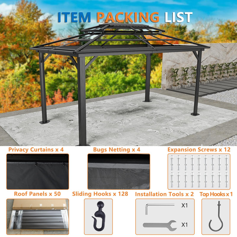 HOTEEL 10x15 Hardtop Gazebo with Heavy Duty Galvanized Steel Double Roof, Aluminum Frame, Flame-Resistant Curtains and Netting, Outdoor Permanent Pavillon for Backyard, Black