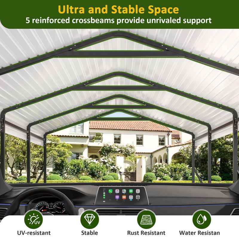 DAUSOLA Carport 12x20 FT Heavy Duty Carports Canopy with Updated Frame Structure Galvanized Steel Roof and Enhanced Base, Metal Carport Garage for Pickup, Boat, Car and Tractors