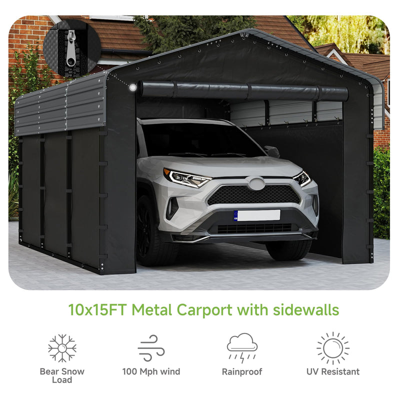 Real Relax 10x15ft Heavy Duty Metal Carport with Galvanized Steel Roof, Removable Sidewalls, Outdoor Car Port Shelter for Cars, Trucks and Boats, Gray