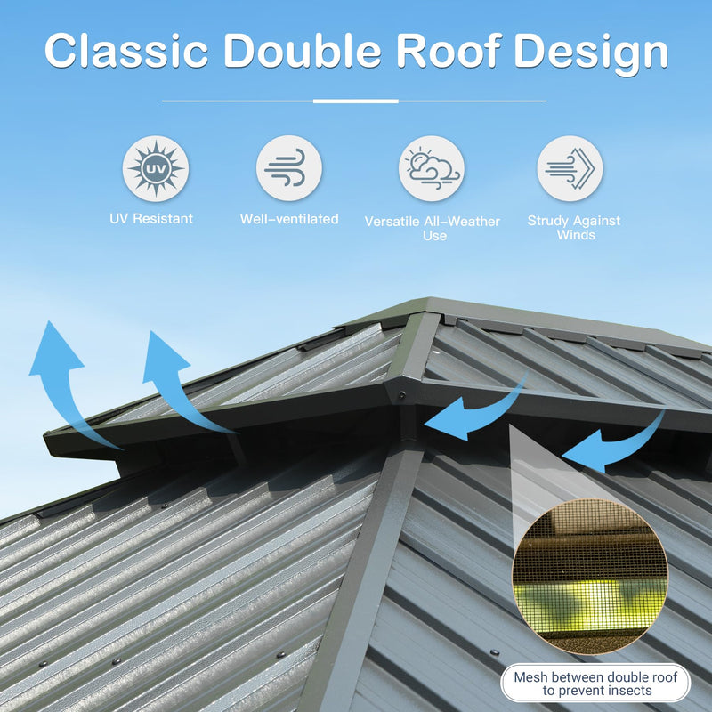 Domi 10x14FT Hardtop Gazebo, Permanent Outdoor Gazebo with Galvanized Steel Double Roof and Aluminum Frame, Curtain and Netting, Pavilion Gazebo for Patio Deck Garden, Grey