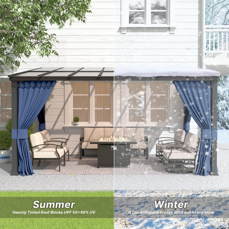 Gotland 10FTx26FT Outdoor Wall-Mounted Hardtop Pergola, Metal Frame Gazebo with Sloping Sun Panel Roof and Double Curtains for Patio, Garden, Lawn, Navy