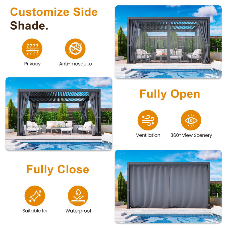 Louvered Pergola 12'x 16' with Curtains & Netting, Metal Outdoor Pergola with Adjustable Louvers Roof and Gutter System, Metal Hardtop Gazebo for Patio, Deck, Garden, Yard, Dark Gray